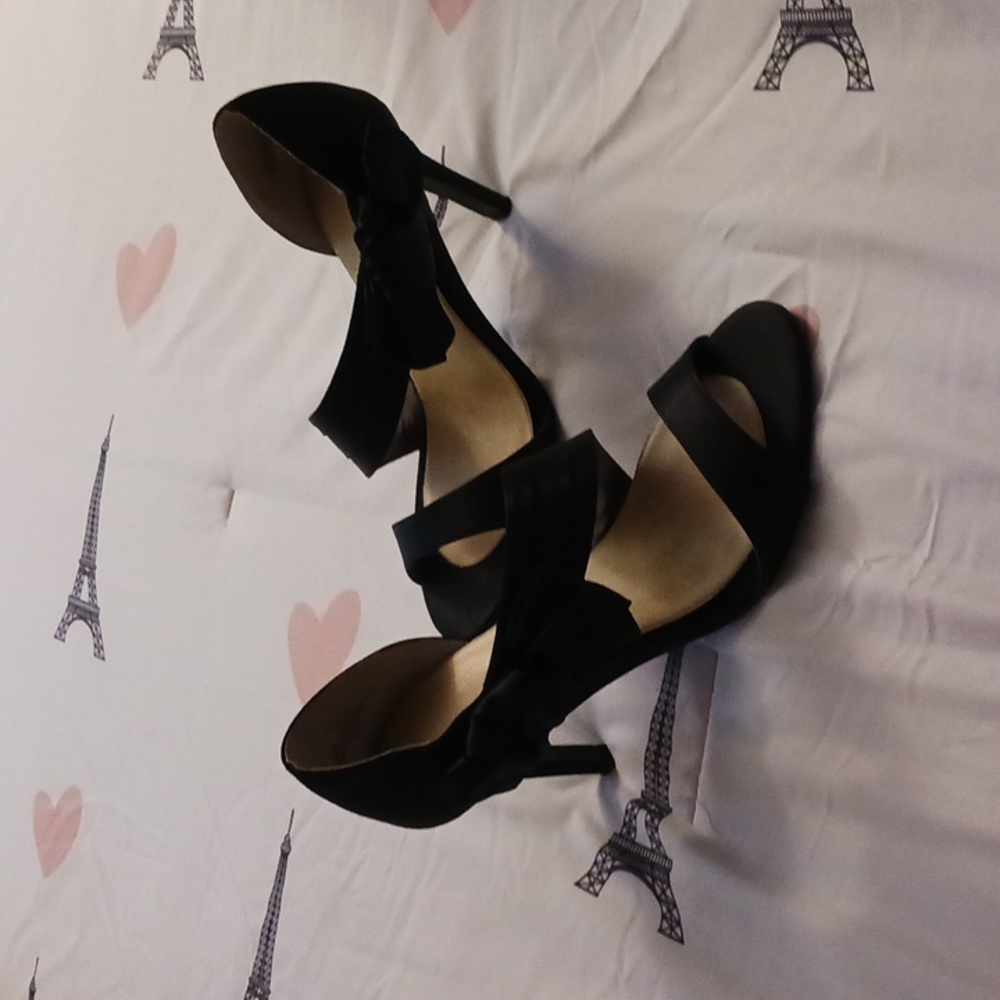Black satin open toe heels